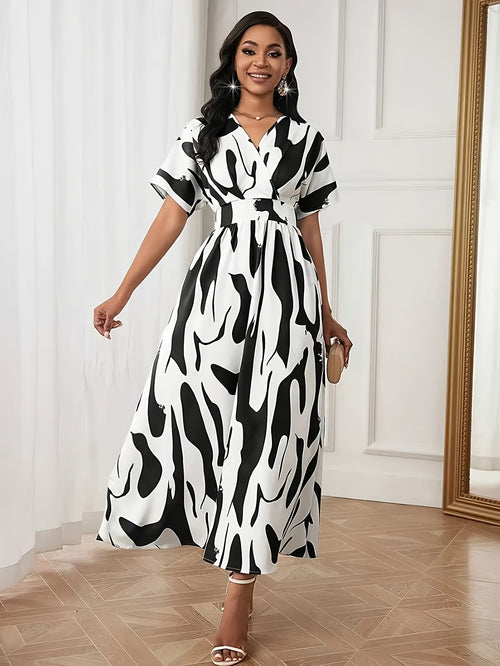 Color-block A-line dress with waist cinch - SalmanStore 