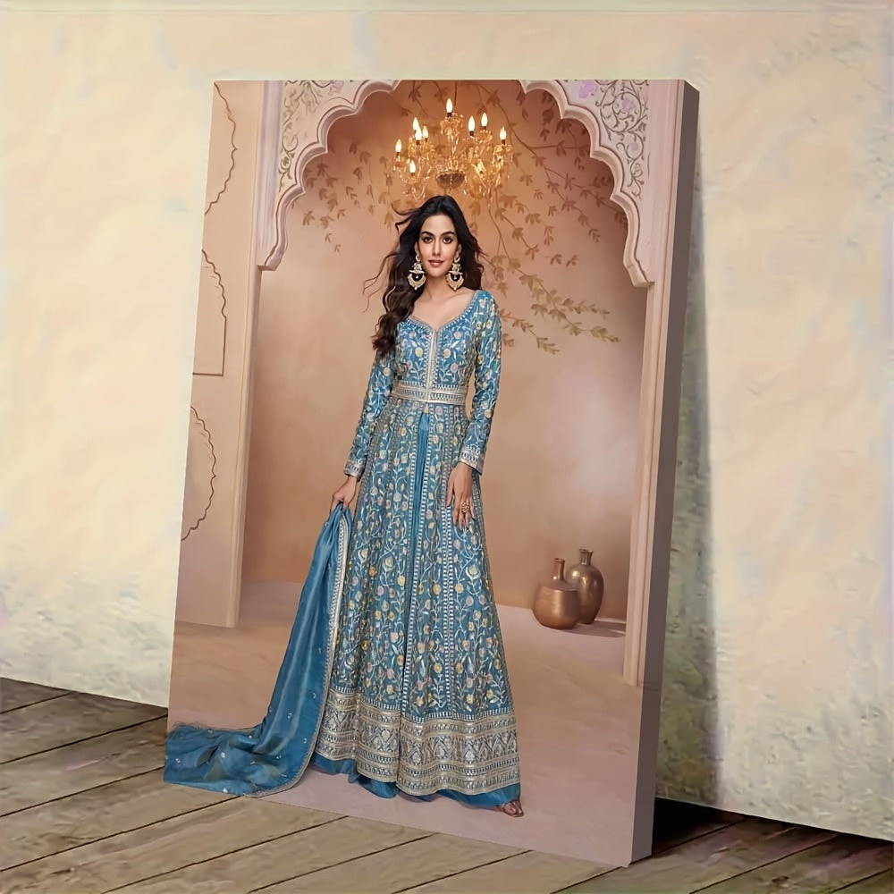 Framed Canvas Art Print Painting, Scene of a Person in Blue Floral Dress, 40.64x60.96 cm, Suitable for Home Decor - Bedroom, Office, Living Room, Cafe, Bar Wall Hanging Picture Ready to Display 2D Flat Design Perfect Gift, 2D - SalmanStore 