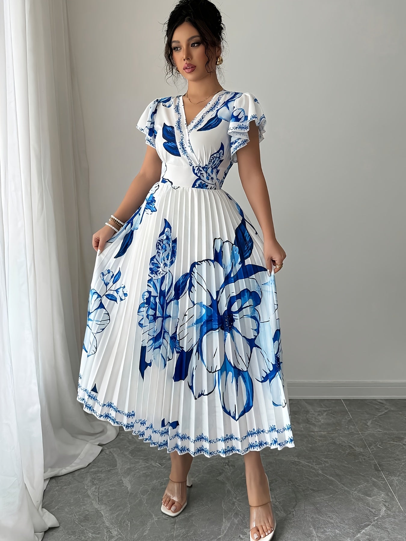 Floral Print Pleated Vacation Dress | Elegant V-neck, Spring/Summer Season, Perfect for Adults. - SalmanStore 