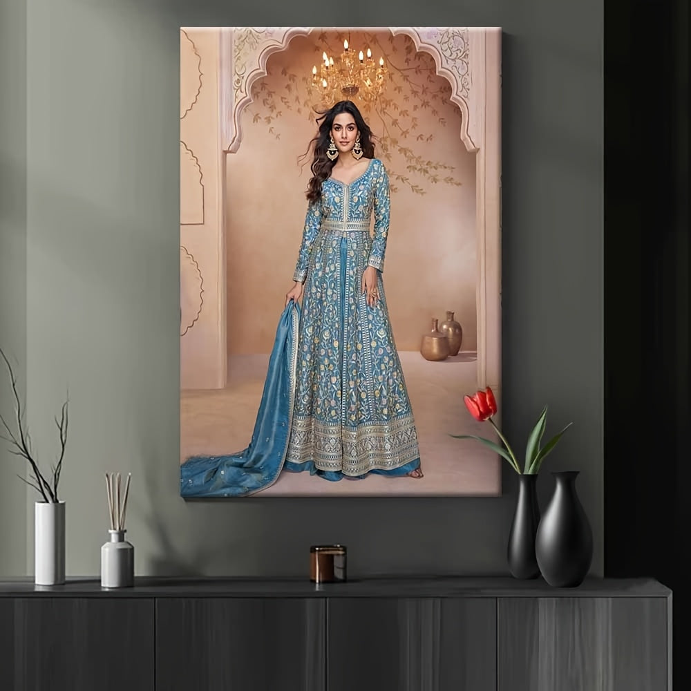 Framed Canvas Art Print Painting, Scene of a Person in Blue Floral Dress, 40.64x60.96 cm, Suitable for Home Decor - Bedroom, Office, Living Room, Cafe, Bar Wall Hanging Picture Ready to Display 2D Flat Design Perfect Gift, 2D - SalmanStore 