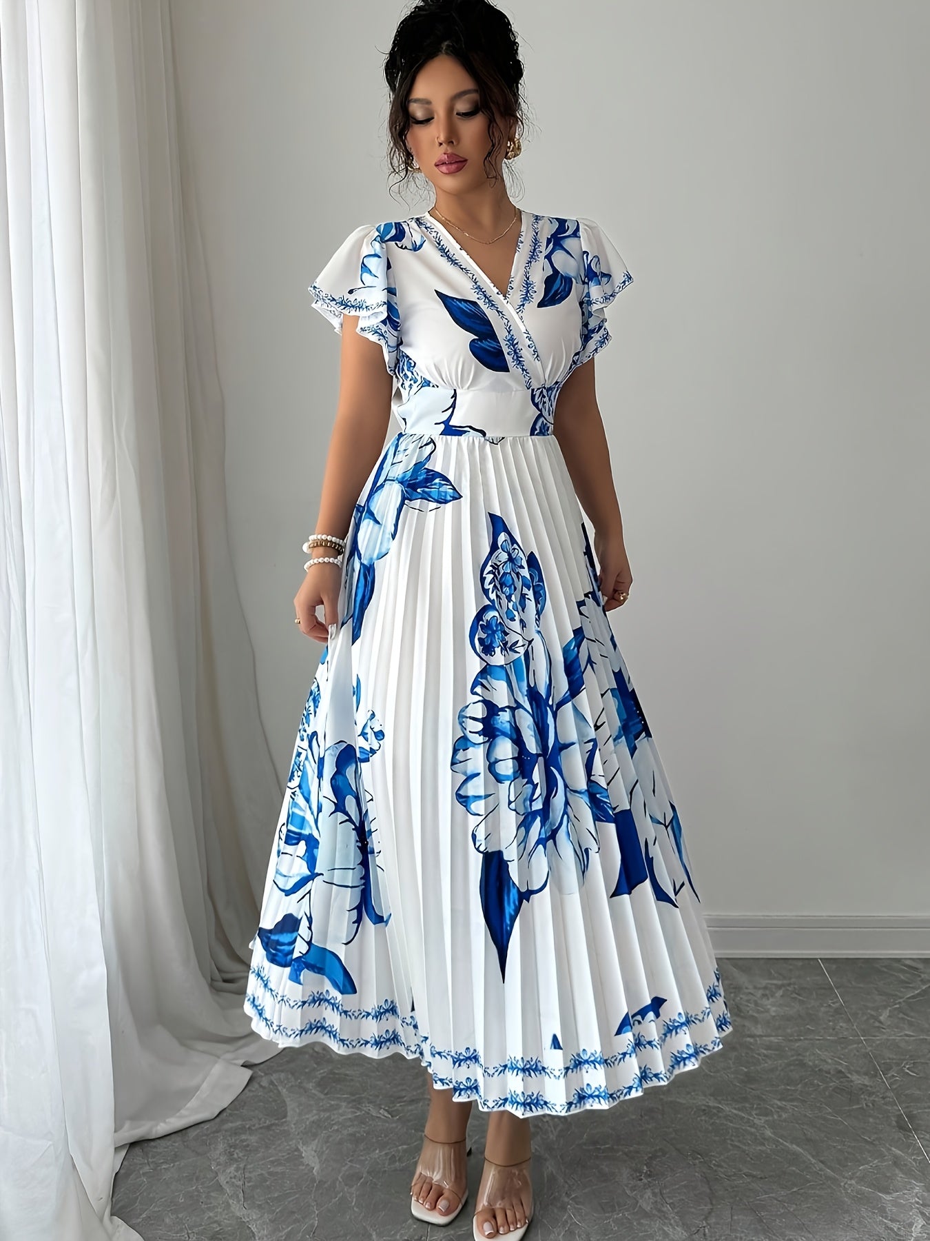 Floral Print Pleated Vacation Dress | Elegant V-neck, Spring/Summer Season, Perfect for Adults. - SalmanStore 