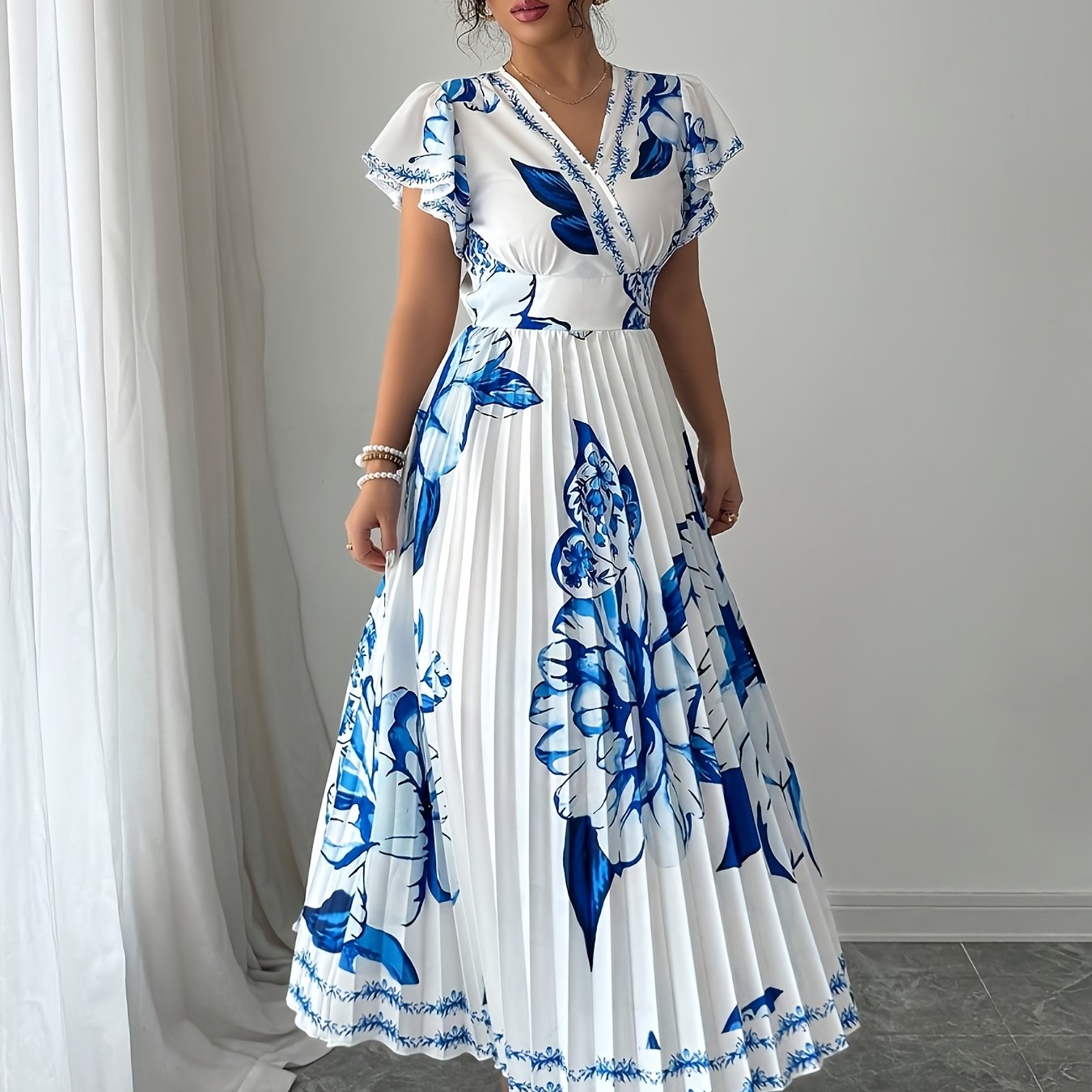 Floral Print Pleated Vacation Dress | Elegant V-neck, Spring/Summer Season, Perfect for Adults. - SalmanStore 