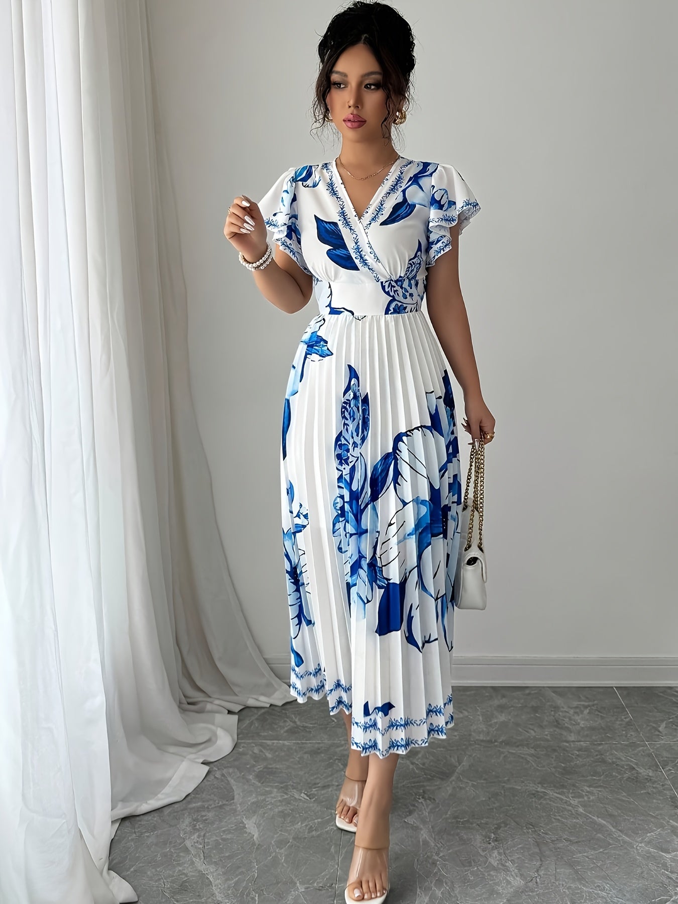 Floral Print Pleated Vacation Dress | Elegant V-neck, Spring/Summer Season, Perfect for Adults. - SalmanStore 