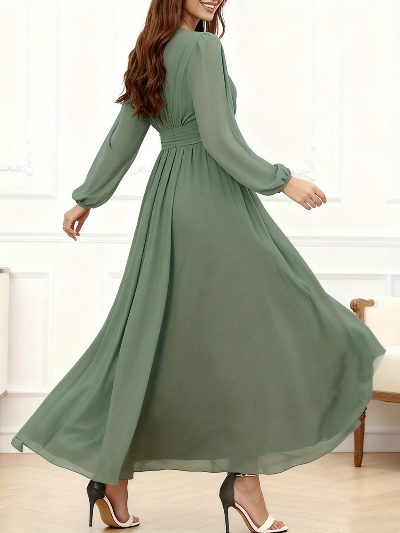 P373 French-Style Elegant, Flowing, Waist-Defined, Flared Dress for Dates and Evening Events - SalmanStore 