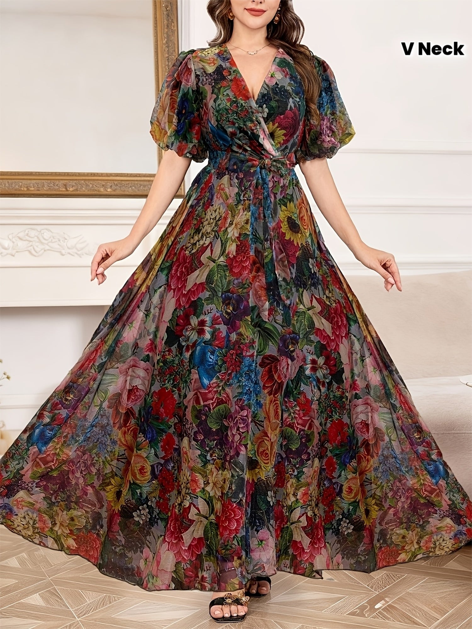 New Luxury Elegant Flared Printed V-Neck Short Sleeve Dress - SalmanStore 