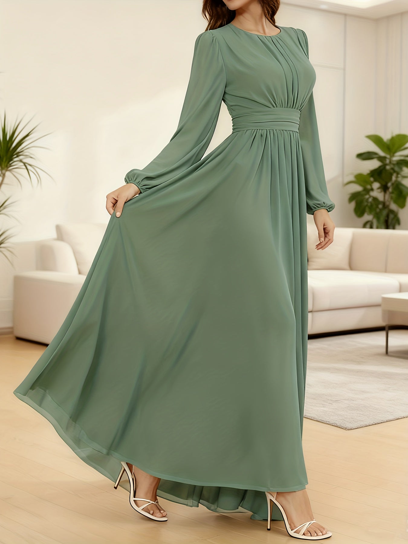P373 French-Style Elegant, Flowing, Waist-Defined, Flared Dress for Dates and Evening Events - SalmanStore 