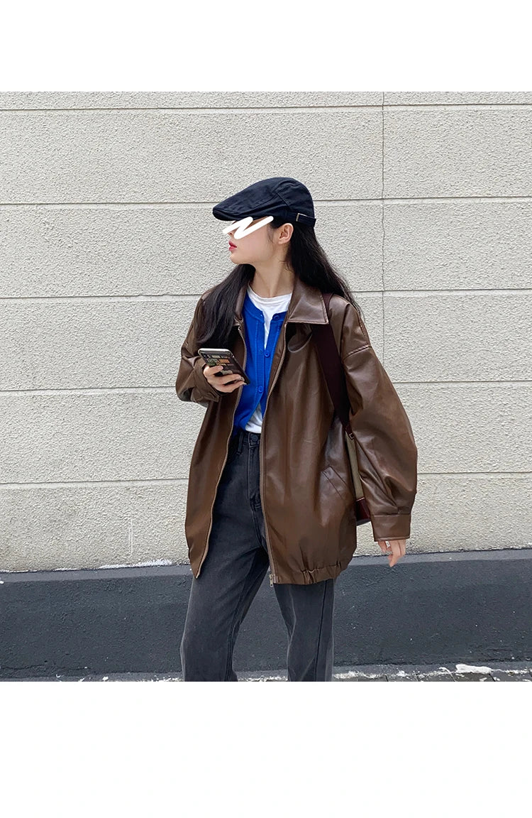 Korean Black Leather Jacket Women Winter Long Women's Moto Biker Zipper Jacket Streetwear Harajuku Y2K Loose Women's Coat 2023