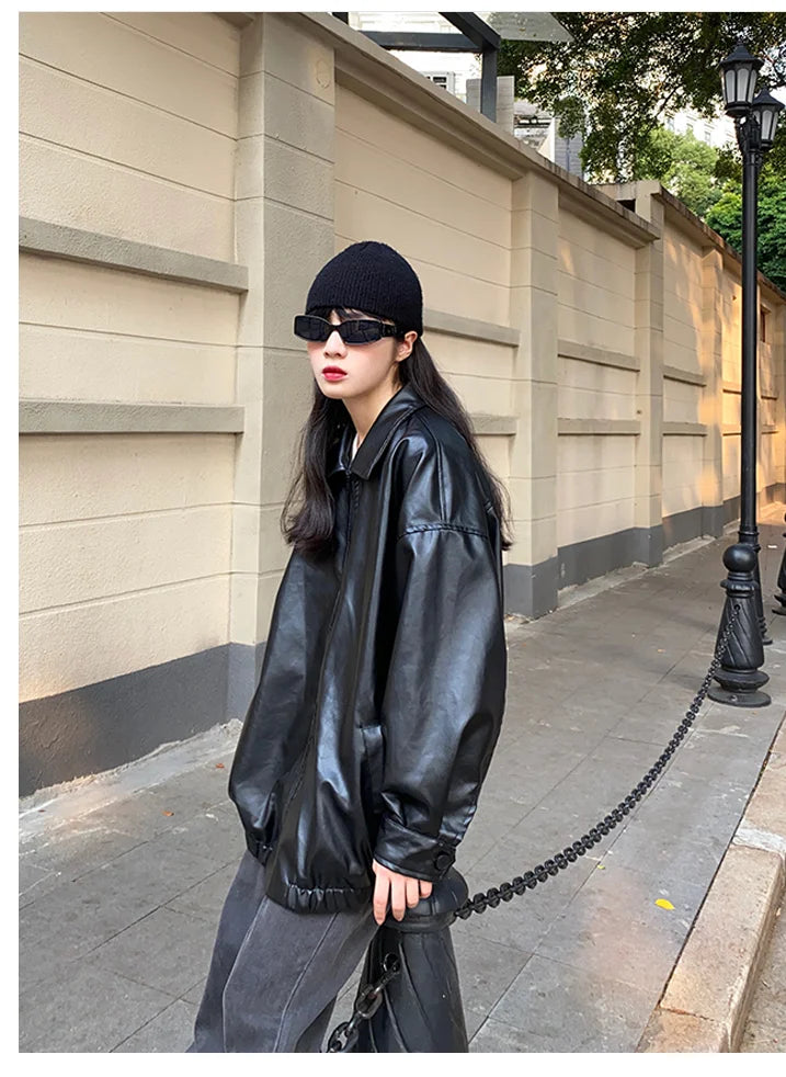 Korean Black Leather Jacket Women Winter Long Women's Moto Biker Zipper Jacket Streetwear Harajuku Y2K Loose Women's Coat 2023