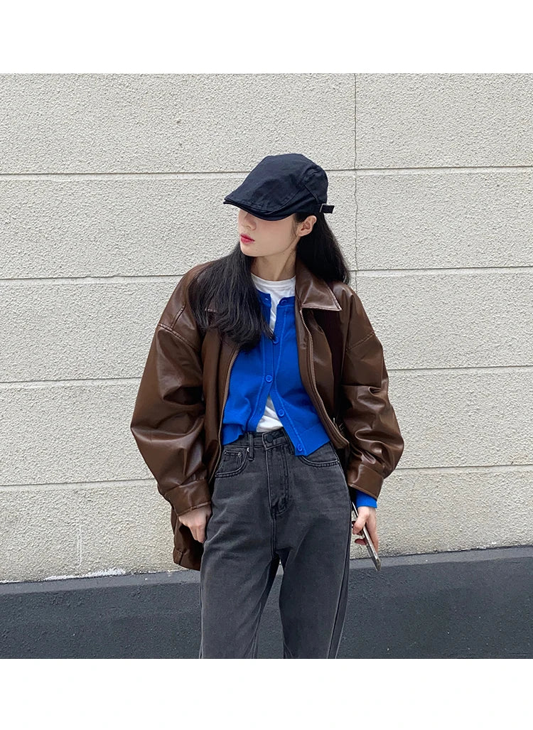 Korean Black Leather Jacket Women Winter Long Women's Moto Biker Zipper Jacket Streetwear Harajuku Y2K Loose Women's Coat 2023