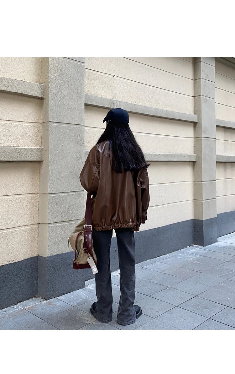 Korean Black Leather Jacket Women Winter Long Women's Moto Biker Zipper Jacket Streetwear Harajuku Y2K Loose Women's Coat 2023