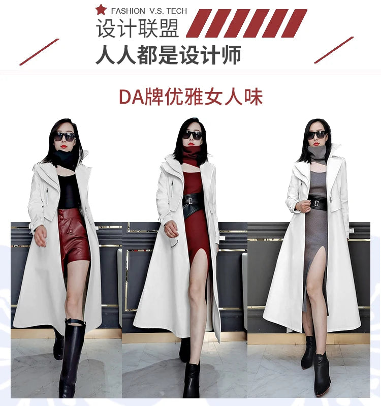 Nerazzurri Spring Runway White Long Leather Trench Coat for Women Long Sleeve Elegant Luxury fashion Womens Coats 2021 Designer