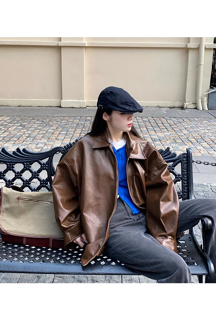 Korean Black Leather Jacket Women Winter Long Women's Moto Biker Zipper Jacket Streetwear Harajuku Y2K Loose Women's Coat 2023