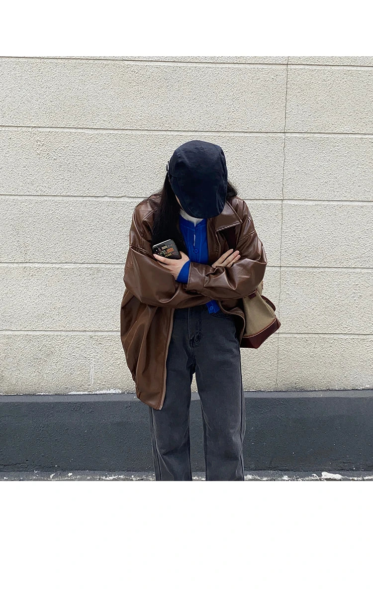 Korean Black Leather Jacket Women Winter Long Women's Moto Biker Zipper Jacket Streetwear Harajuku Y2K Loose Women's Coat 2023