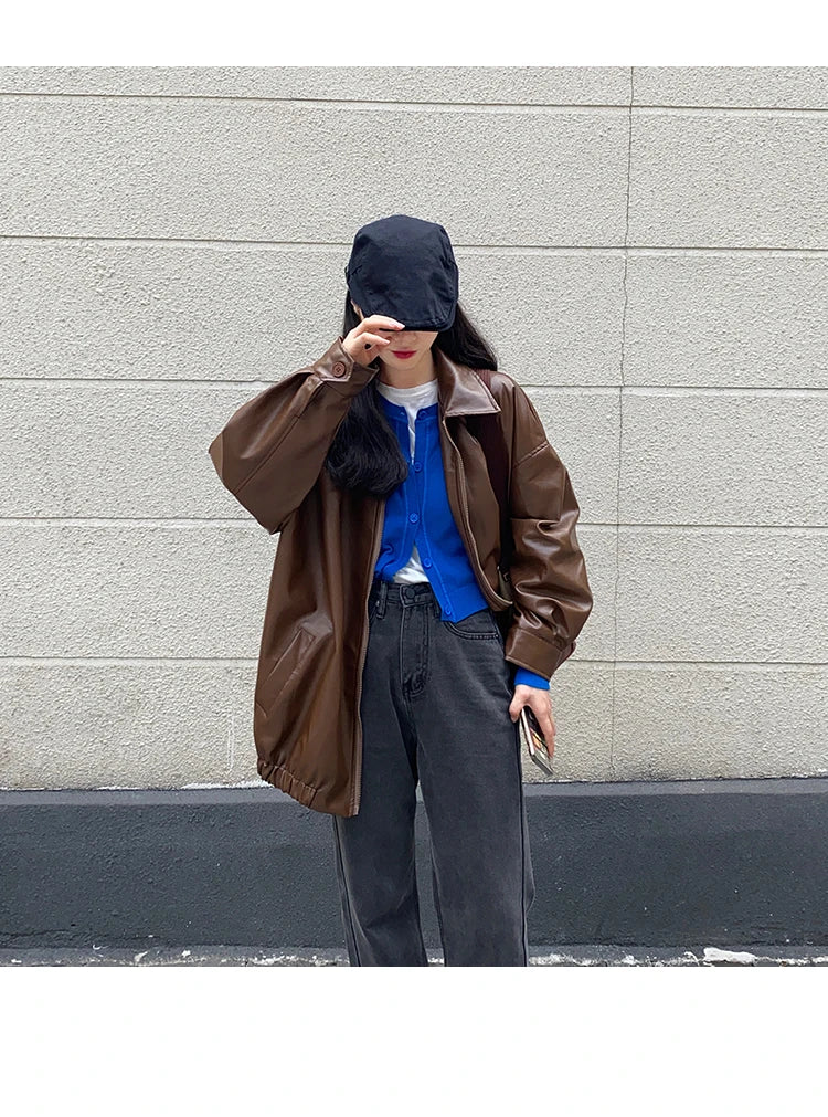 Korean Black Leather Jacket Women Winter Long Women's Moto Biker Zipper Jacket Streetwear Harajuku Y2K Loose Women's Coat 2023