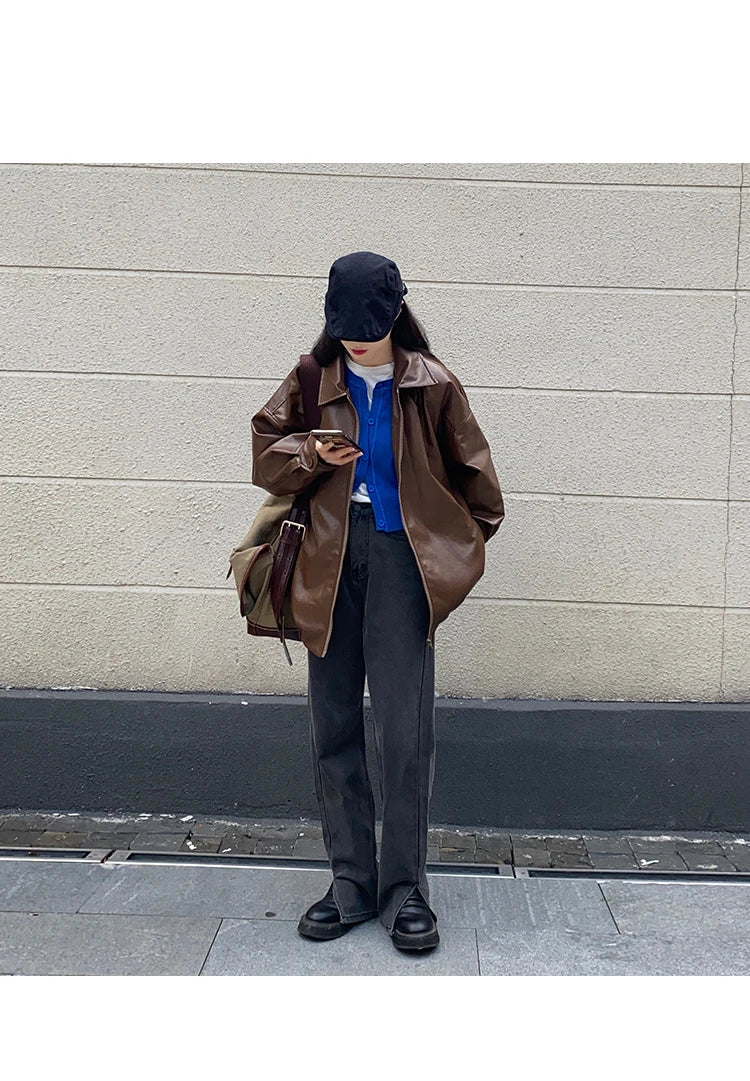 Korean Black Leather Jacket Women Winter Long Women's Moto Biker Zipper Jacket Streetwear Harajuku Y2K Loose Women's Coat 2023