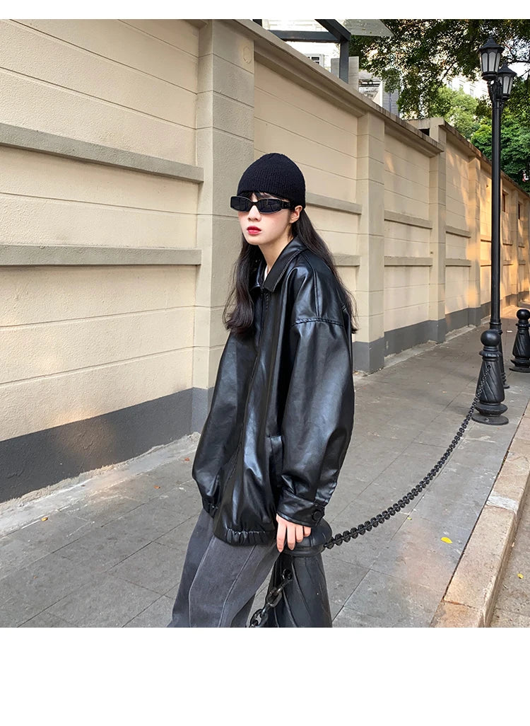 Korean Black Leather Jacket Women Winter Long Women's Moto Biker Zipper Jacket Streetwear Harajuku Y2K Loose Women's Coat 2023