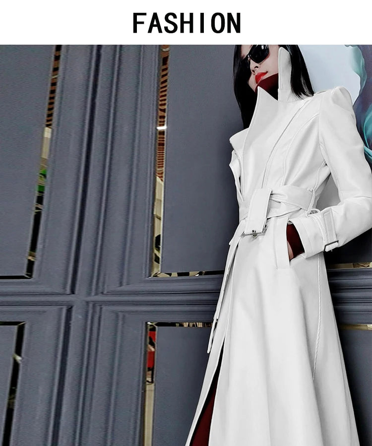 Nerazzurri Spring Runway White Long Leather Trench Coat for Women Long Sleeve Elegant Luxury fashion Womens Coats 2021 Designer