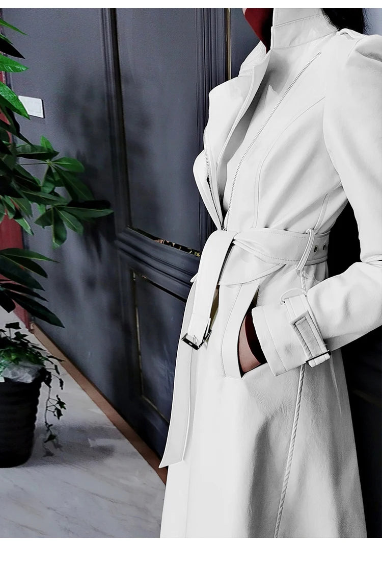 Nerazzurri Spring Runway White Long Leather Trench Coat for Women Long Sleeve Elegant Luxury fashion Womens Coats 2021 Designer