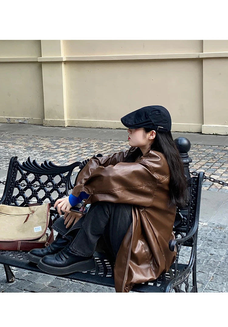 Korean Black Leather Jacket Women Winter Long Women's Moto Biker Zipper Jacket Streetwear Harajuku Y2K Loose Women's Coat 2023