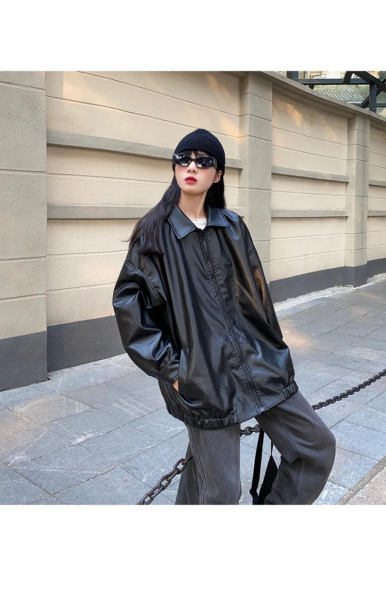 Korean Black Leather Jacket Women Winter Long Women's Moto Biker Zipper Jacket Streetwear Harajuku Y2K Loose Women's Coat 2023