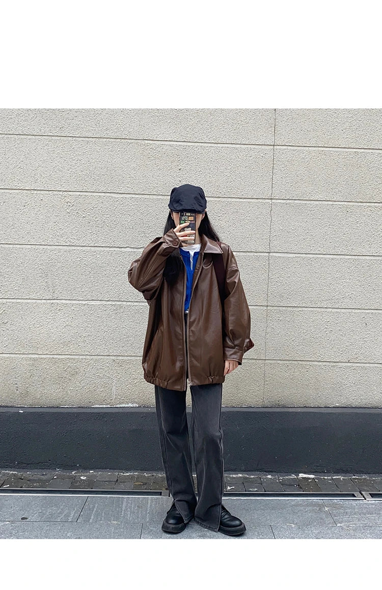 Korean Black Leather Jacket Women Winter Long Women's Moto Biker Zipper Jacket Streetwear Harajuku Y2K Loose Women's Coat 2023