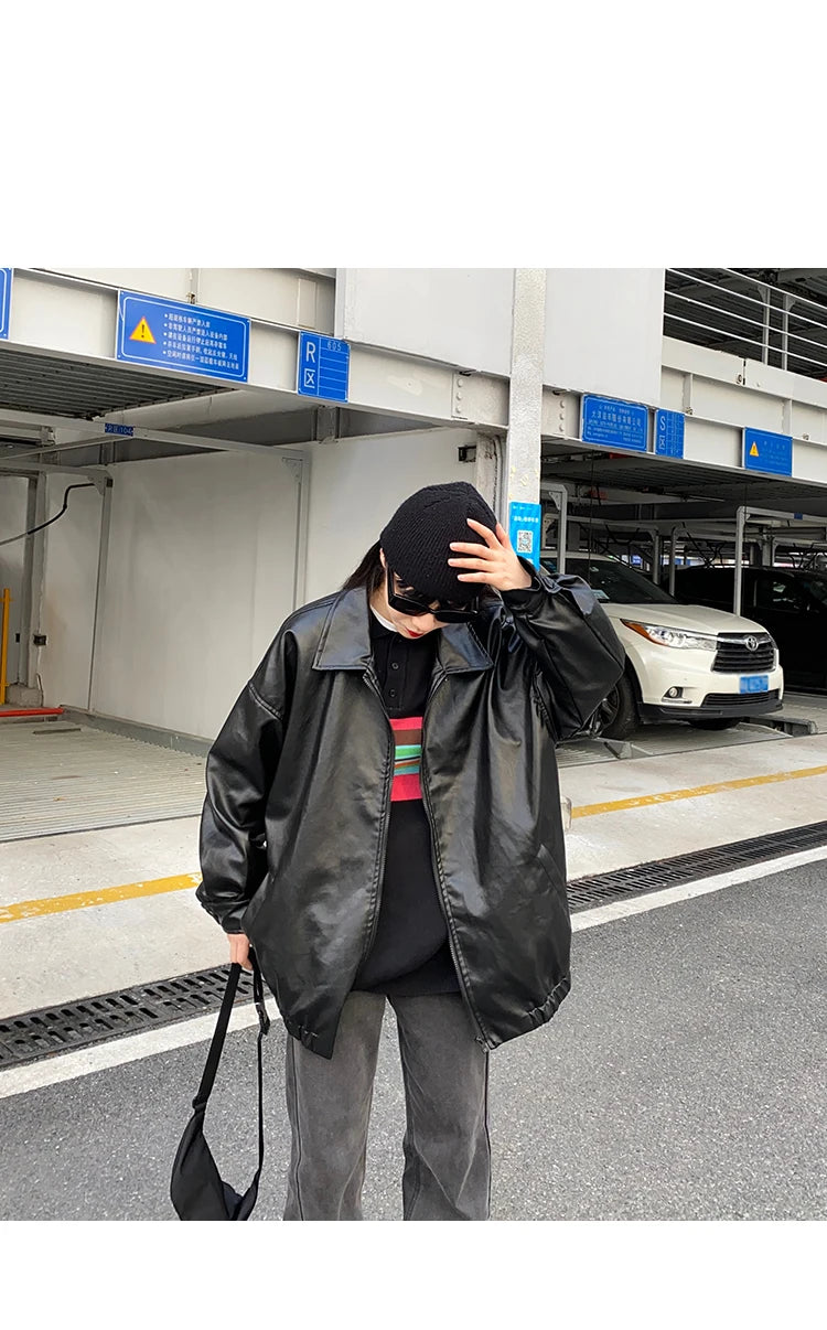 Korean Black Leather Jacket Women Winter Long Women's Moto Biker Zipper Jacket Streetwear Harajuku Y2K Loose Women's Coat 2023