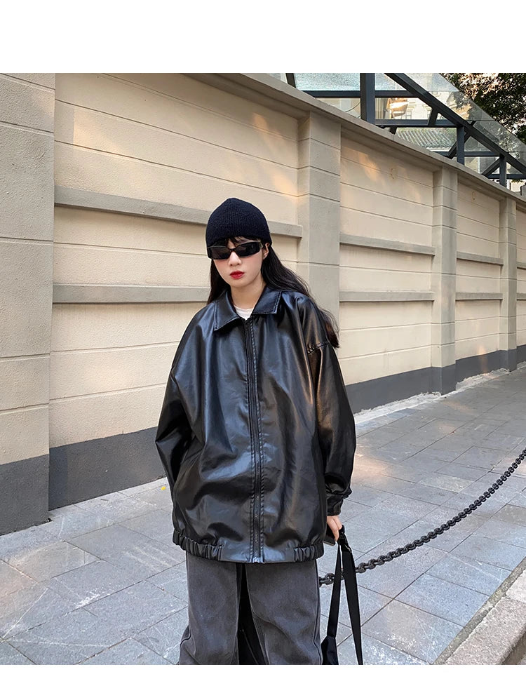 Korean Black Leather Jacket Women Winter Long Women's Moto Biker Zipper Jacket Streetwear Harajuku Y2K Loose Women's Coat 2023