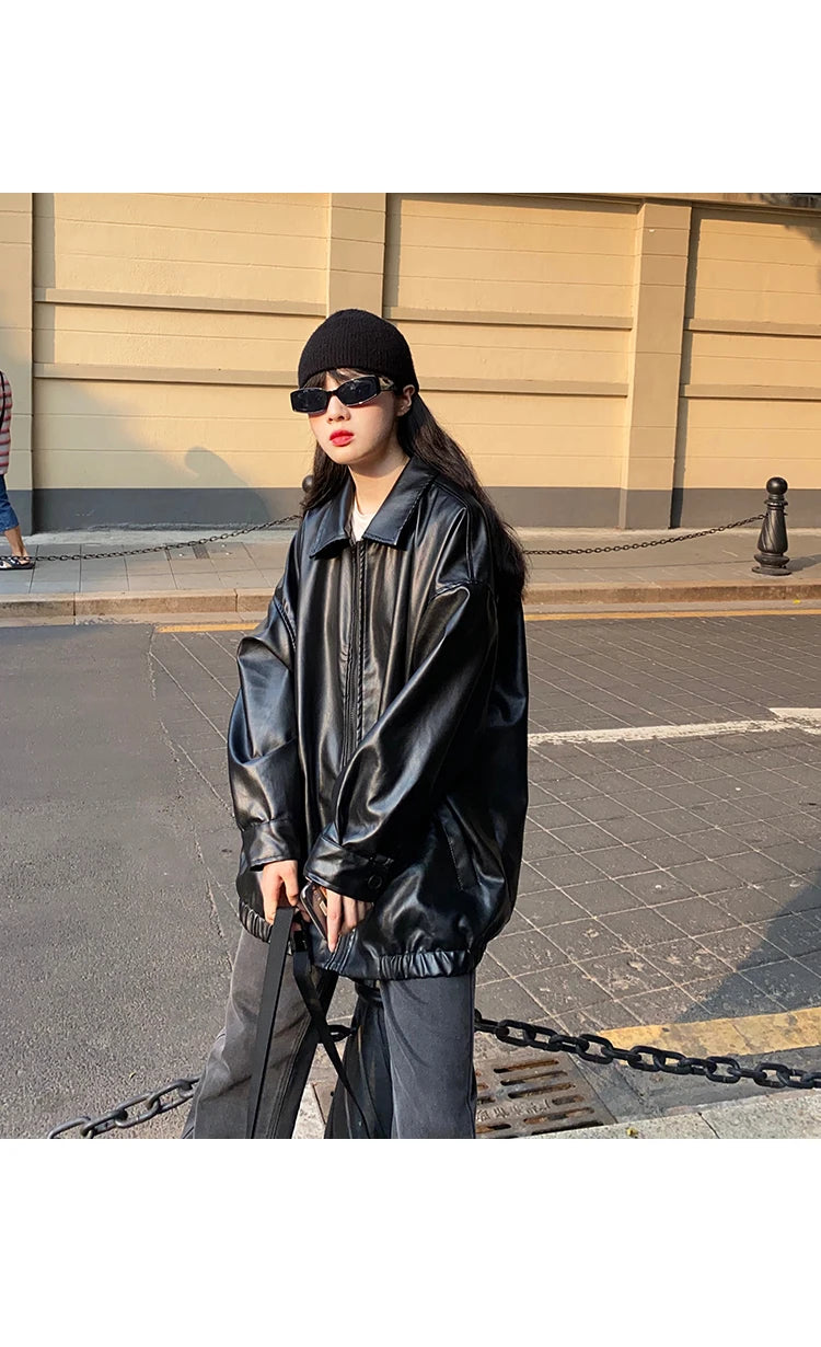 Korean Black Leather Jacket Women Winter Long Women's Moto Biker Zipper Jacket Streetwear Harajuku Y2K Loose Women's Coat 2023