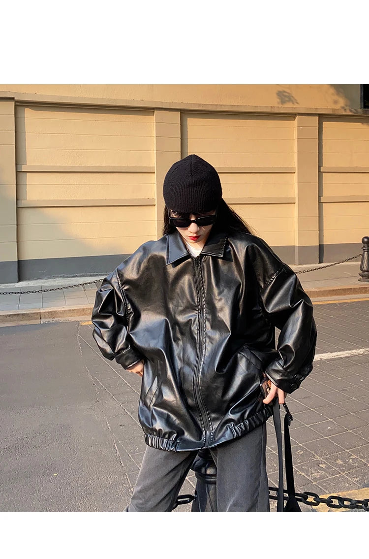 Korean Black Leather Jacket Women Winter Long Women's Moto Biker Zipper Jacket Streetwear Harajuku Y2K Loose Women's Coat 2023