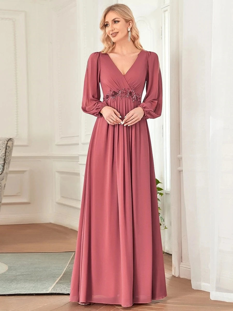 Elegant Evening Dresses Long Lantern Sleeves V-neck 2025 ever pretty of A-LINE Chiffon Burgundy flower beltbelt Prom Dress Women - SalmanStore 