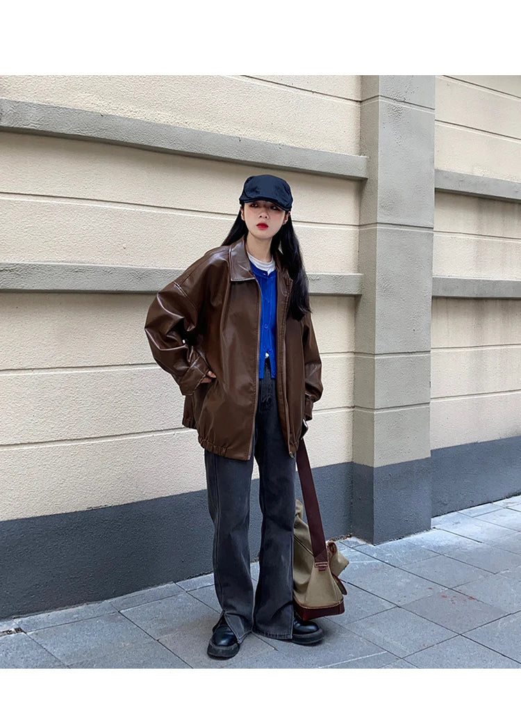 Korean Black Leather Jacket Women Winter Long Women's Moto Biker Zipper Jacket Streetwear Harajuku Y2K Loose Women's Coat 2023