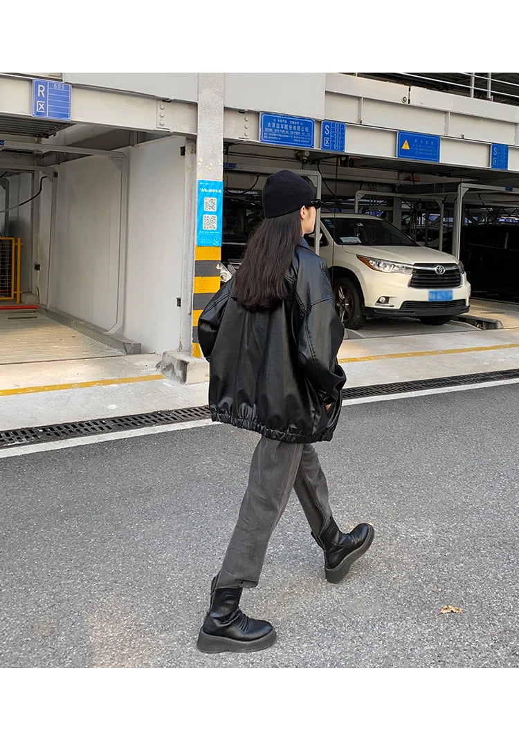 Korean Black Leather Jacket Women Winter Long Women's Moto Biker Zipper Jacket Streetwear Harajuku Y2K Loose Women's Coat 2023