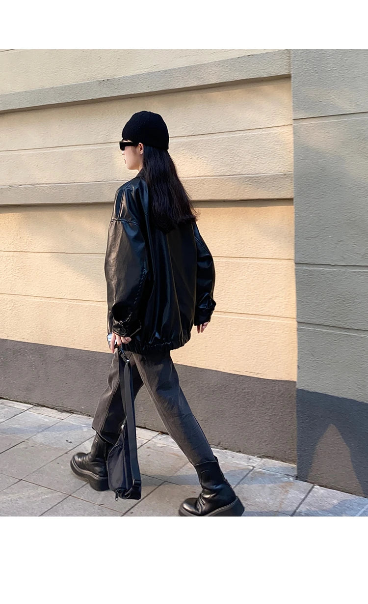 Korean Black Leather Jacket Women Winter Long Women's Moto Biker Zipper Jacket Streetwear Harajuku Y2K Loose Women's Coat 2023
