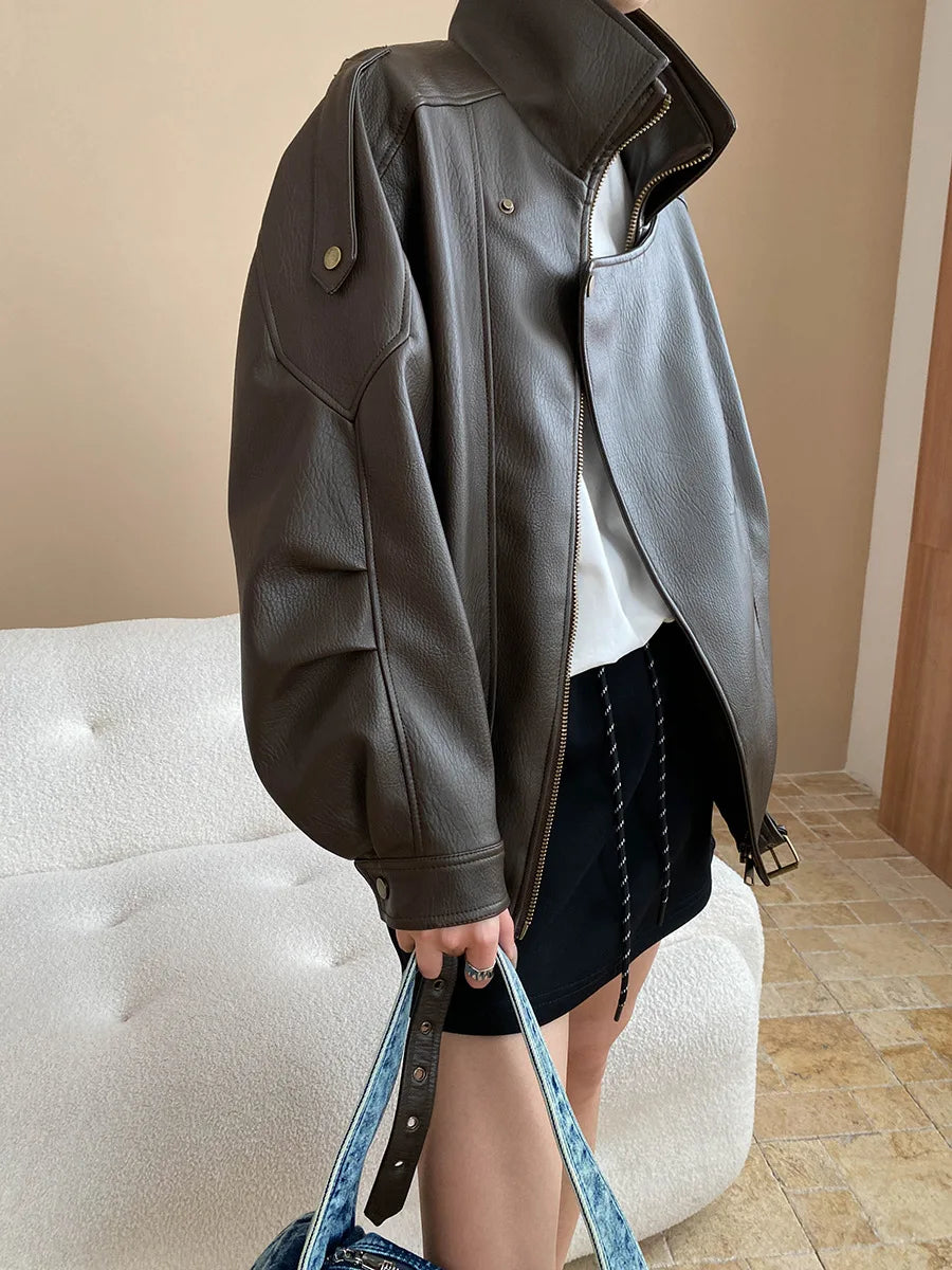 Spring and Autumn Women's Casual Solid Color Collar Long Sleeve Loose Jacket