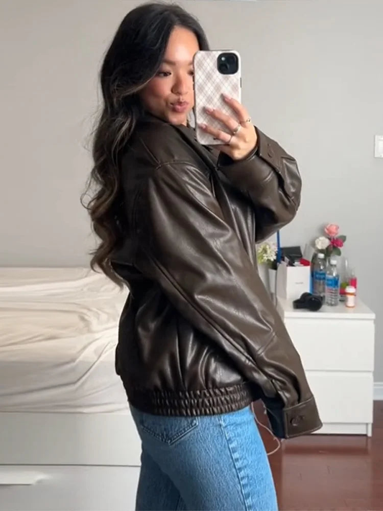 Vintage Textured Leather Jacket Coat Matte Zipper Lapel Commuting Loose Women Motorcycle Jackets Street Trendy Short Outwear Top