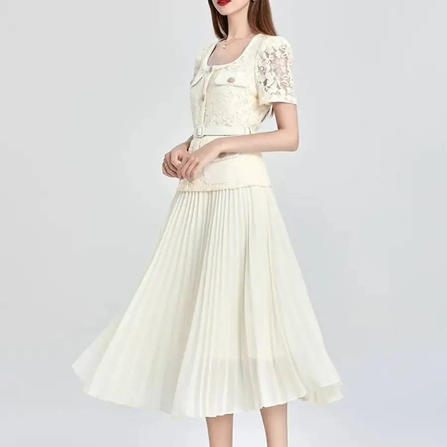 Runway Designer Summer Flower Embroidery Lace Chiffon Prom Dress Women Short Sleeve Single Breasted Midi Long Vestidos Party - SalmanStore 