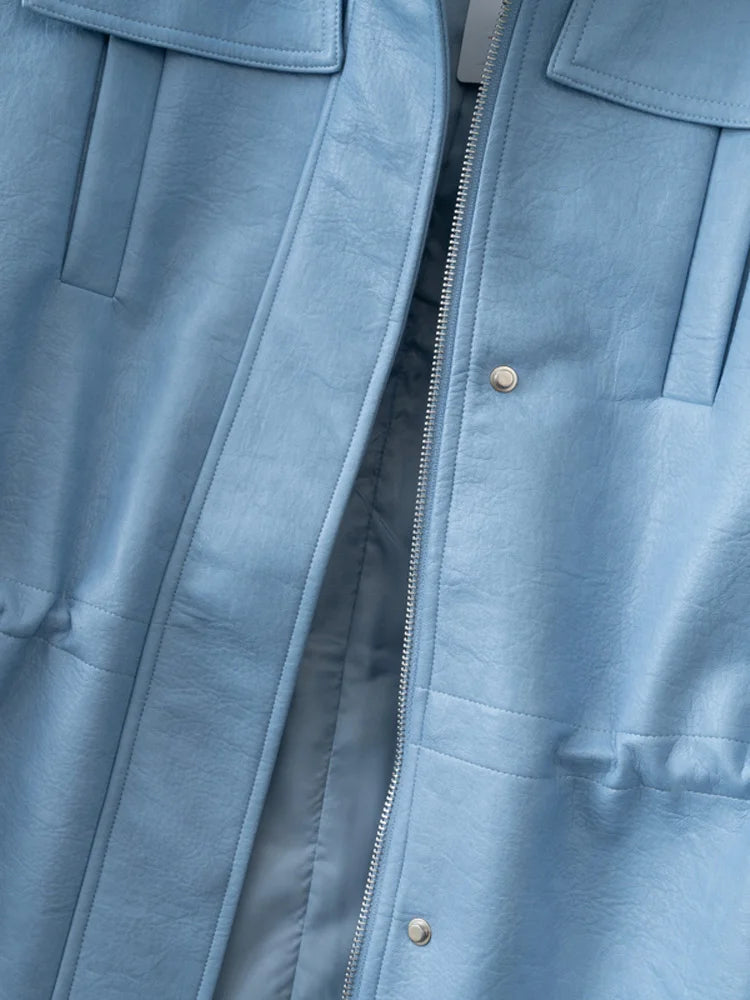 Autumn Winter Pu Leather Jacket For Women Solid Full Sleeve Elastic Adjustable Waist Coat 2025 New Lady Fashion Casual Outwears