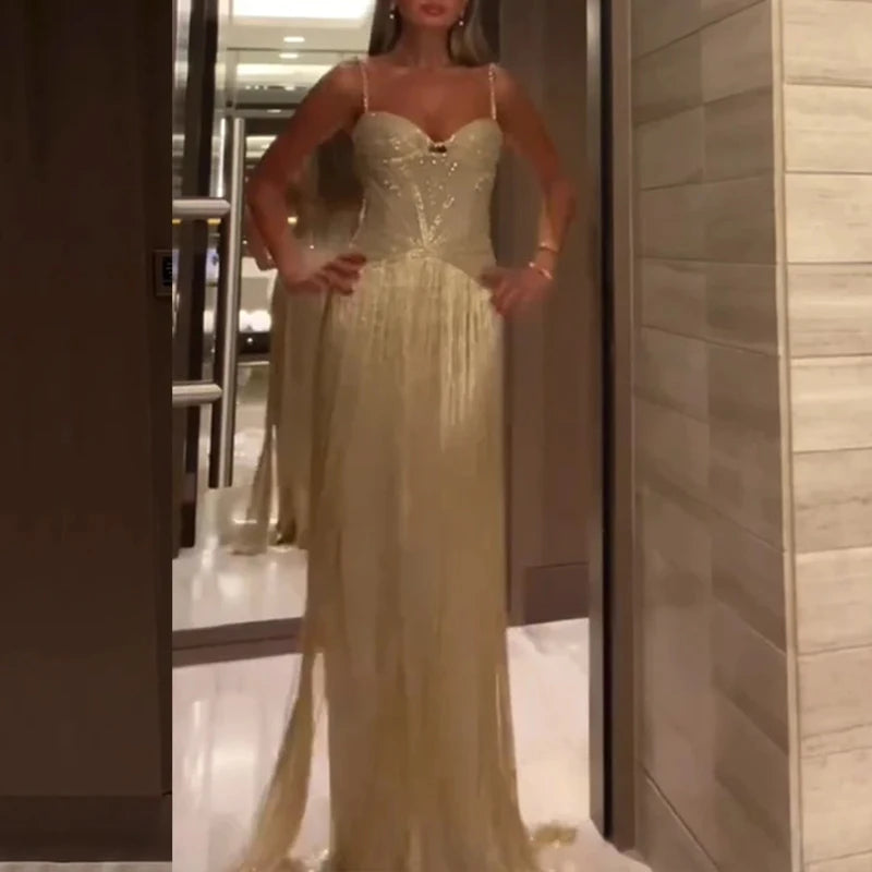 Sexy Off Shoulder Sleeveless Suspender Dress Women's Elegant High Waist Slim Tassel Long Dress Fashion Draped Solid Long Dress - SalmanStore 