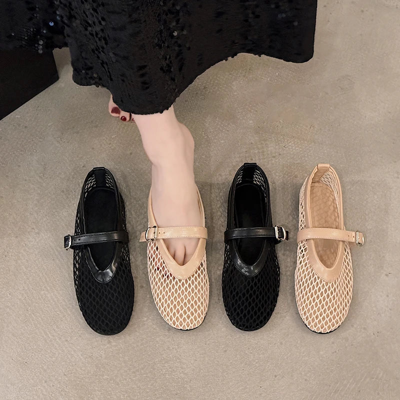 حذاء مسطح مدبب للنساء، مصمم بشكل كاجوال، حذاء باليه قابل للتنفس، صنادل شاطئ مجوفة للنساء، حذاء ماري جين، طراز جديد 2025