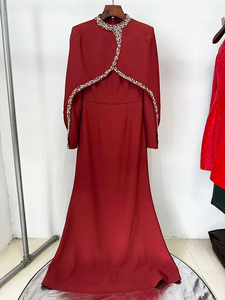 HIGH STREET Newest 2026 Designer Vestido Women's Diamonds Beaded Cape Sleeve Floor Length Maxi Long Dress - SalmanStore 