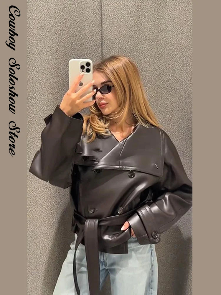 Street Women's Cropped Leather Jackets With Belt Lapel Double Breasted Pockets Full Sleeve Coat 2025 Autumn Lady Vintage Outwear