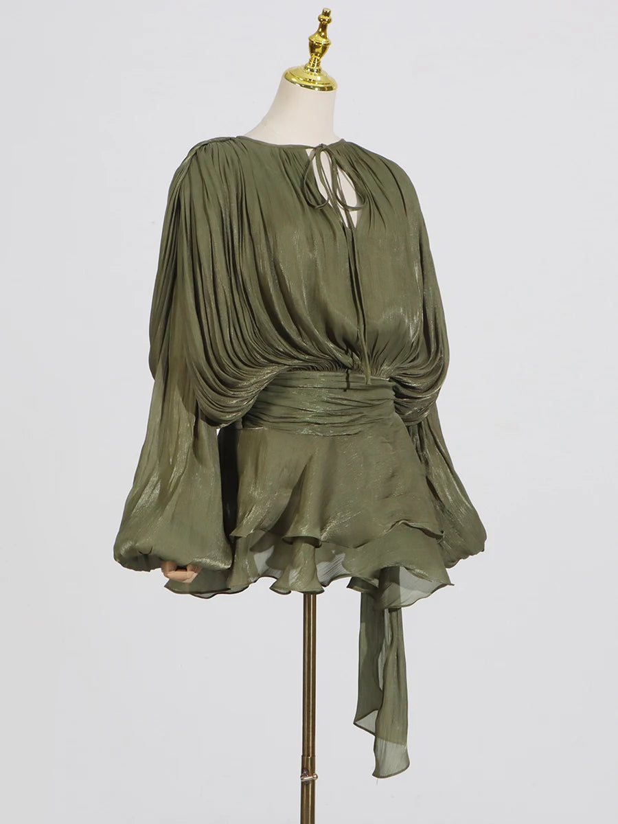 GALCAUR Solid Loose Splicd Lace Up Dresses For Women V Neck Long Sleeves Patchwork Ruffles Tunic Dreses Female Fashio New