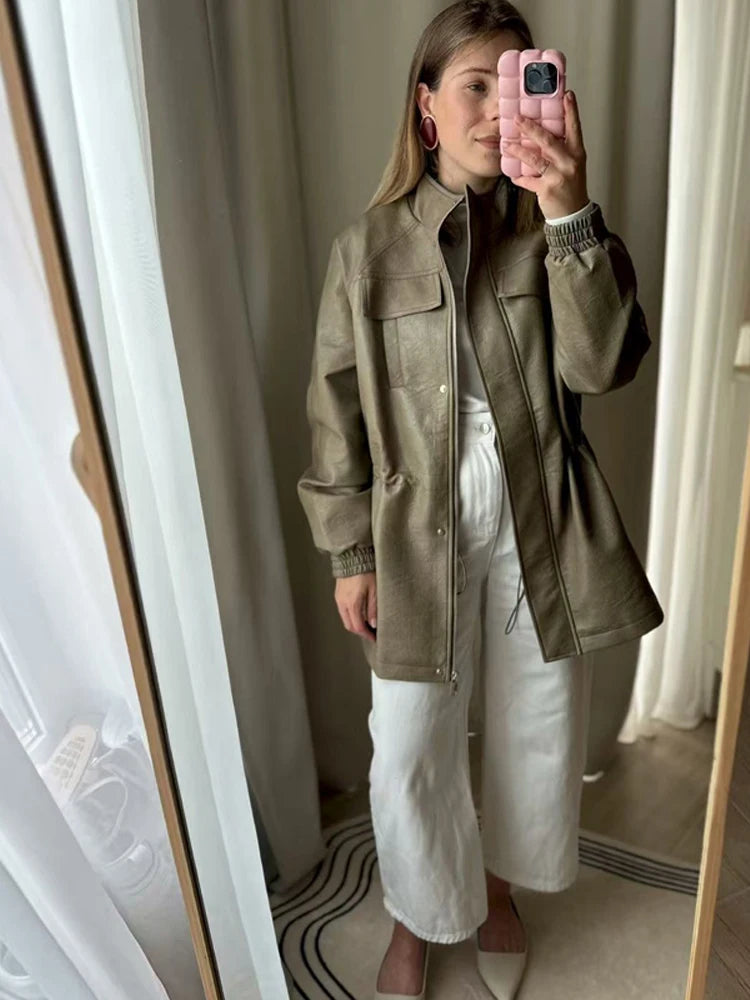 Autumn Winter Pu Leather Jacket For Women Solid Full Sleeve Elastic Adjustable Waist Coat 2025 New Lady Fashion Casual Outwears