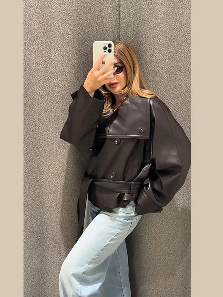Street Women's Cropped Leather Jackets With Belt Lapel Double Breasted Pockets Full Sleeve Coat 2025 Autumn Lady Vintage Outwear