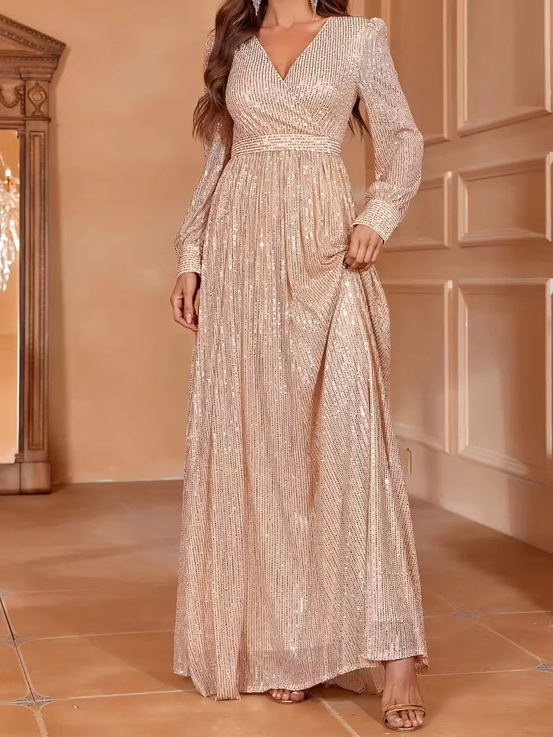 Elegant Long-Sleeve Floor-Length Evening Gown for Women - Perfect for Hosting, Weddings & Parties - SalmanStore 