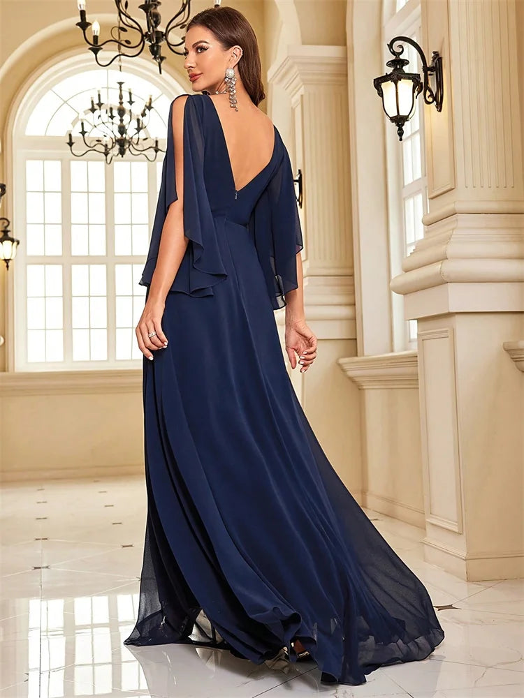 Luxury Chiffon Batwing sleeve Navy Evening Dress Sexy High Split Women Dress V-Back Formal Wedding Party Gowns Graduation Vestid - SalmanStore 