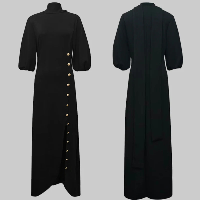 Modigirl Wedding Prom Evening Gown Party Slit Maxi Dresses for Woman 2025 New Lace Up Gold Button Womens Black Autumn Long Dress - SalmanStore 