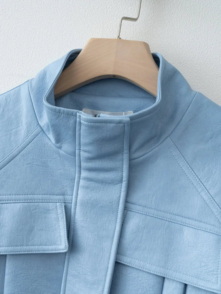 Autumn Winter Pu Leather Jacket For Women Solid Full Sleeve Elastic Adjustable Waist Coat 2025 New Lady Fashion Casual Outwears