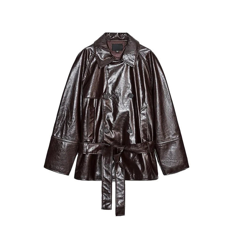 Street Women's Cropped Leather Jackets With Belt Lapel Double Breasted Pockets Full Sleeve Coat 2025 Autumn Lady Vintage Outwear