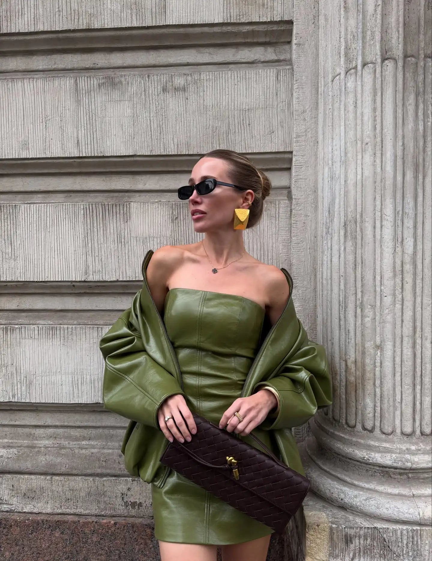 Street Zipper Leather Jackets Skirts Sets Women Loose Stand Collar Full Sleeve Coat Straight Skirt 2025 Autumn Winter Lady Suit